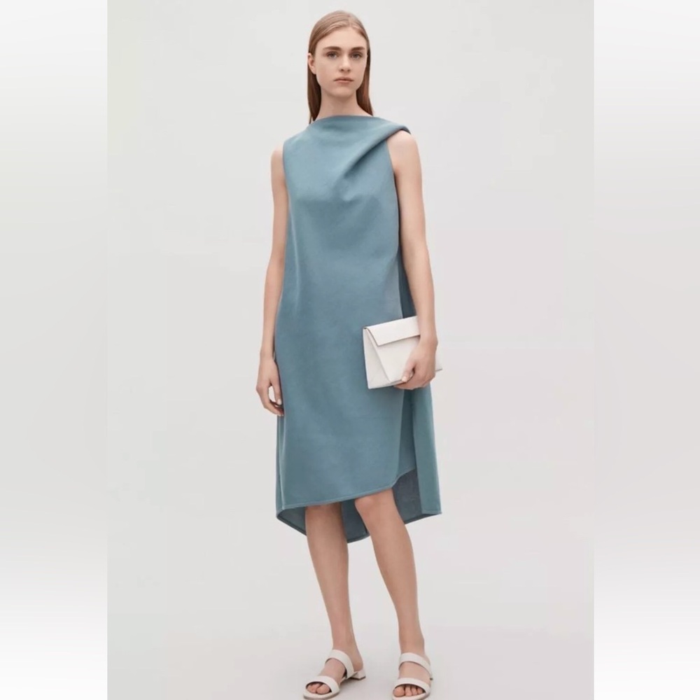 COS Womens Sleeveless Knee Length Midi Dress Grey Cotton Draped Neck Size XS